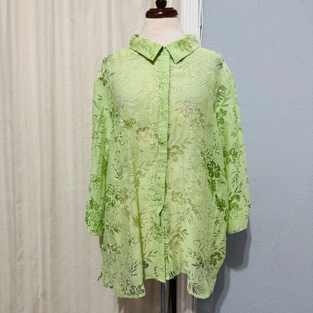 Lagenlook Sheer Button Up Shirt 3X Lime Green Burnout Floral Collared Tropical